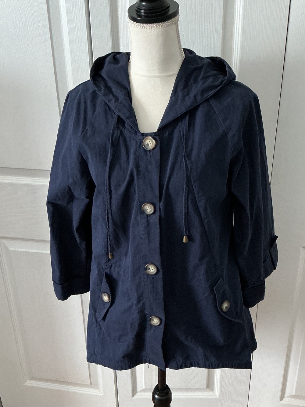 For Cynthia Navy Hooded Button-Front Jacket